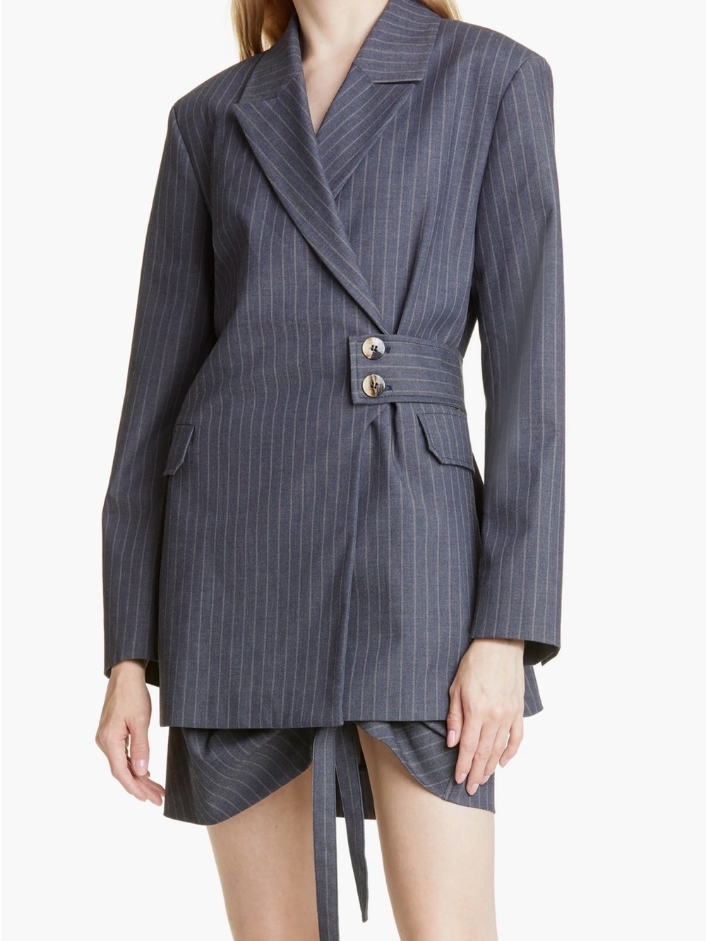 GANNI Gray Pinstripe Belted Oversized Blazer Jacket Size 34
